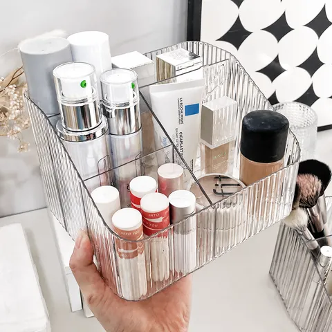Transparent Plastic Cosmetic Storage Box Desktop Lipstick Makeup Brush Skincare Holder Multi Compartment Organizer