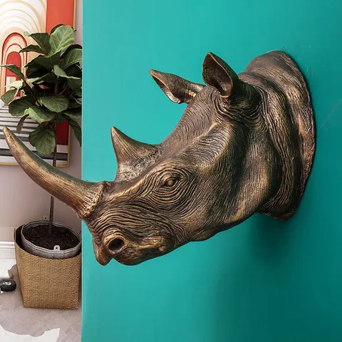 Europese Stijl Hars Neushoorn Hoofd Muur Hangende Creatieve Dieren Sculptuur Huisdecoratie Brons Muur Kunst Ornament