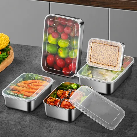 Caja de Almacenamiento de Alimentos de Acero Inoxidable Contenedor Rectangular Recipiente Sellado con Tapa para Refrigerador