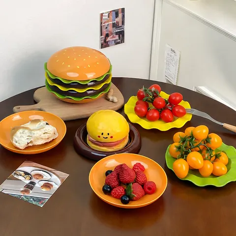 Ensemble de Vaisselle en Plastique en Forme de Hamburger Créatif Plat à Os Multi-Couches Ménage Jolie Assiette de Dîner