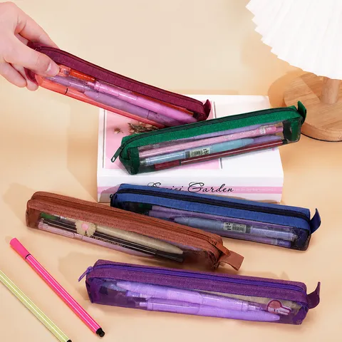 Minimalist Transparent Mesh Pencil Case Portable Large Capacity Stationery Storage Bag For Students Office School Supplies