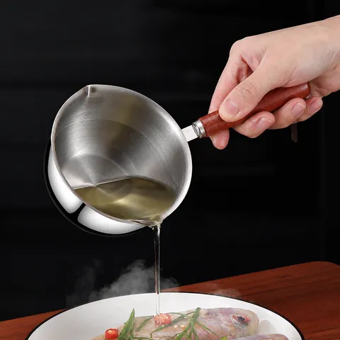Stainless Steel Hot Oil Pouring Pan Mini Small Cooking Pot With Wooden Handle Dual Pour Spouts For Kitchen Cooking
