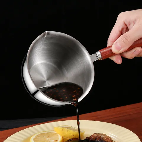 Stainless Steel Hot Oil Pouring Pan Mini Small Cooking Pot With Wooden Handle Dual Pour Spouts For Kitchen Cooking