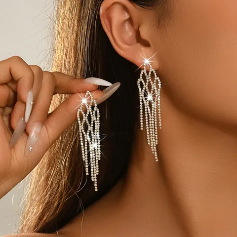 Eco-Friendly Copper Rhinestone Tassel Long Dangle Earrings Diamond Lattice Geometric Fashion Jewelry Gift For Women