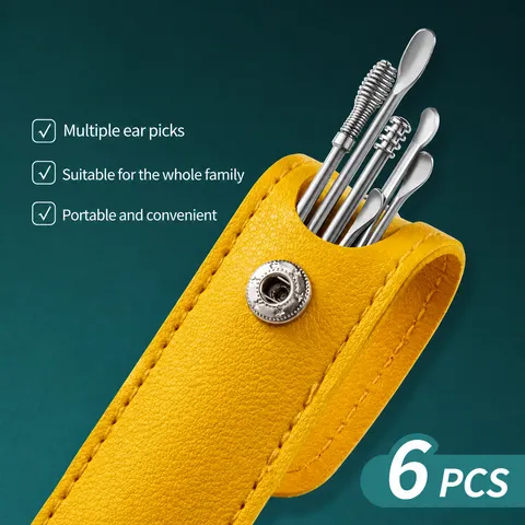 Stainless Steel Ear Pick Set 6 Pieces Professional Earwax Removal Tool Kit with Portable Leather Case Ear Curette Cleaner
