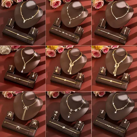 Luxury Copper Rhinestone Necklace Earrings Bracelet Jewelry Set Bridal Wedding Banquet Crystal Choker Fashion Jewelry