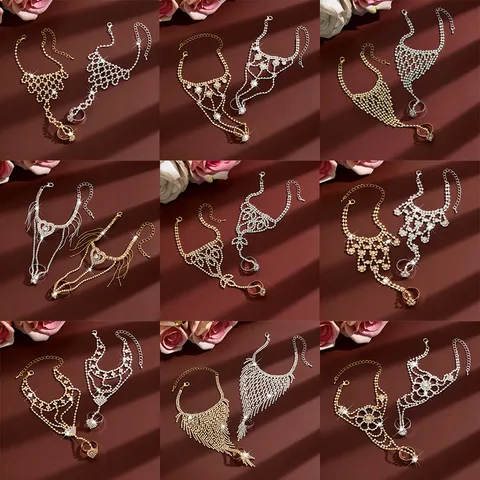 Fashion Copper Rhinestone Geometric Heart Hand Chain Bracelet Tassel Mesh Ring-Linked Bracelet For Women Party Jewelry