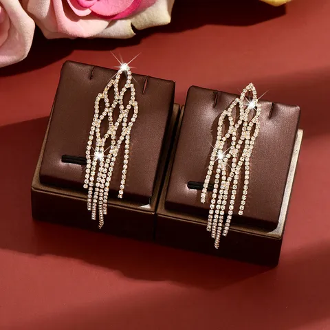 Eco-Friendly Copper Rhinestone Tassel Long Dangle Earrings Diamond Lattice Geometric Fashion Jewelry Gift For Women