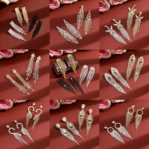 Fashion Luxury Rhinestone Tassel Earrings Sweet Bow Flower Geometric Dangle Earrings Copper Post Women Jewelry Gift
