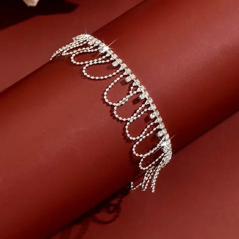 Womens Rhinestone Wave Tassel Anklet Double Row Tennis Chain Adjustable Foot Chain Summer Beach Jewelry Gift