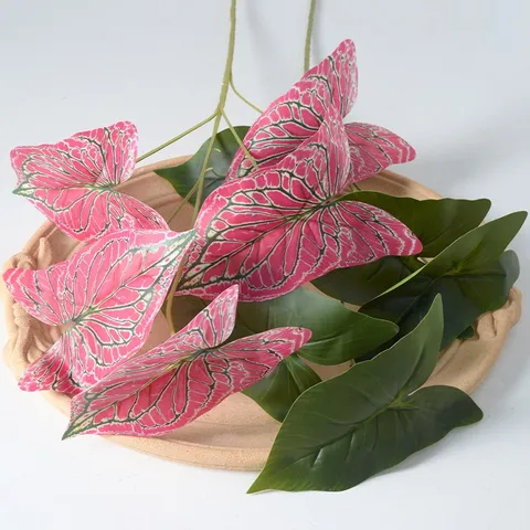 Feuilles de Taro Artificielles 5 Fourches Plantes Vertes en Plastique pour Maison Mariage Décoration Murale Intérieure Arrangement Floral