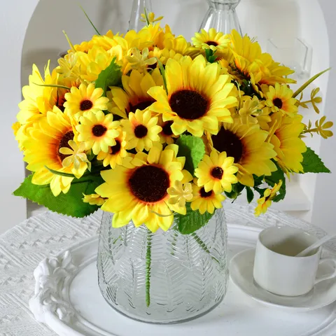 Artificial Sunflower Bouquet Silk Cloth Sun Flower For Home Wedding Decor Photography Props Rustic Floral Arrangement