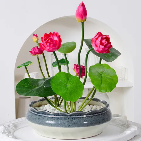 Tige de Fleur de Lotus Artificielle Feuille de Lotus en Soie Nénuphar Fausse Plante Pour Étang Décoration Intérieure Accessoires Photo