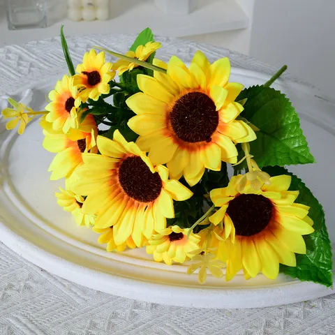 Artificial Sunflower Bouquet Silk Cloth Sun Flower For Home Wedding Decor Photography Props Rustic Floral Arrangement