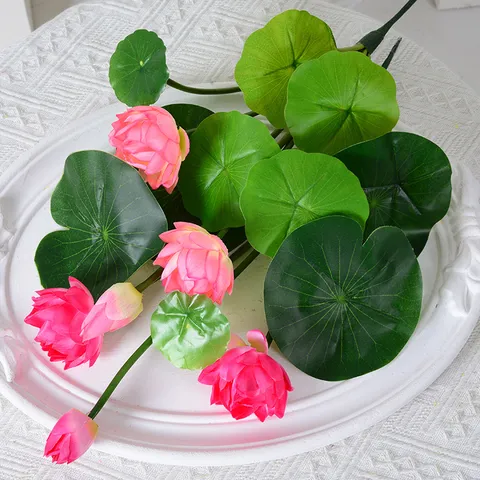 Tige de Fleur de Lotus Artificielle Feuille de Lotus en Soie Nénuphar Fausse Plante Pour Étang Décoration Intérieure Accessoires Photo