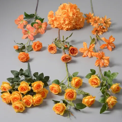 Fleurs en Soie Artificielle Série Orange Rose Lys Austin Hortensia Pour Mise en Page de Mariage Décoration de Table Maison Tiges Florales