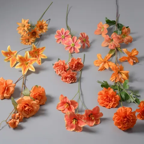 Fleurs en Soie Artificielle Série Orange Rose Lys Austin Hortensia Pour Mise en Page de Mariage Décoration de Table Maison Tiges Florales