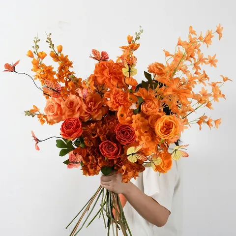 Orange Artificial Flowers Silk Satin Flower Stems For Wedding Party Home Decor Autumn Fall Thanksgiving Faux Floral Arrangement