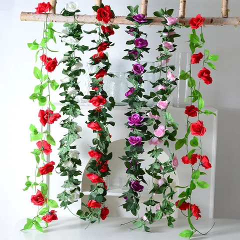 Ratán de Flores de Rosas de Seda Artificial Guirlanda Planta Colgante Falso Ratán Floral Para Hogar Boda Fiesta Decoración De Pared