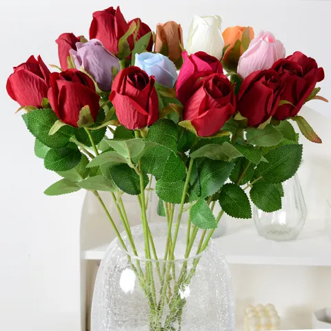 Artificial Rose Bud Single Stem Silk Fabric Faux Rose Flower Bouquet For Home Wedding Decoration Valentines Day Gift Decor