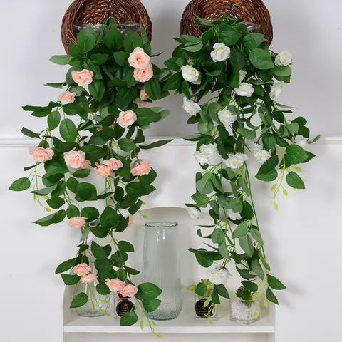 Artificial Rose Flower Vine Hanging Silk Floral Garland Pastoral Style Fake Plants For Home Wall Ceiling Wedding Party Decor