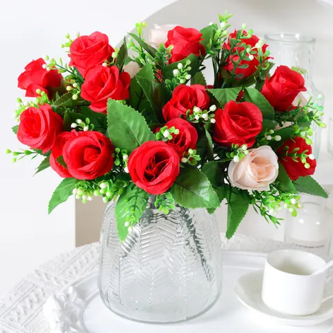 Bouquet de Roses Artificielles Fleurs en Soie Synthétique pour Mariage Fête Maison Décoration de Table Cadeau Saint Valentin Accessoires Photographie