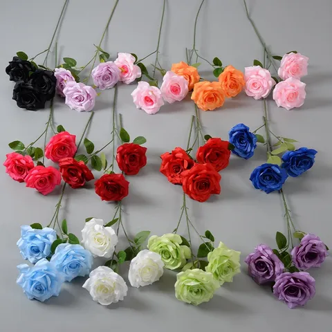 Artificial Diamond Rose Silk Flowers Triple Head Fake Roses For Wedding Home Decor Banquet Party Decor Decorative Floral Stems