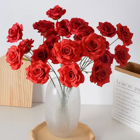 Artificial Diamond Rose Silk Flowers Triple Head Fake Roses For Wedding Home Decor Banquet Party Decor Decorative Floral Stems