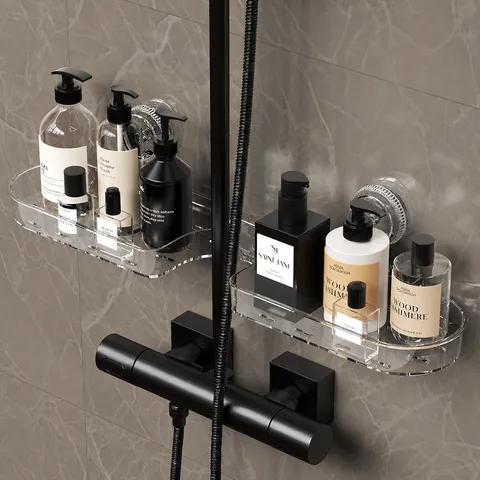 Transparent Plastic Suction Cup Storage Rack Double Layer Bathroom Washbasin Wall Mounted Shelf Kitchen Organizer