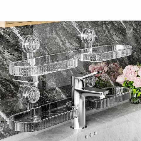 Transparent Plastic Suction Cup Storage Rack Double Layer Bathroom Washbasin Wall Mounted Shelf Kitchen Organizer