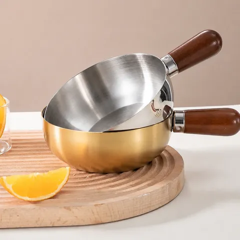 Walnut Wooden Handle Stainless Steel Instant Noodle Pot Small Soup Pot Single Person Breakfast Bowl Kitchen Cookware