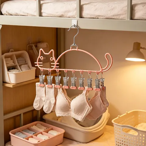 Stainless Steel Cat Shape Drying Rack With Clips Multi-Function Non-Slip Clothes Hanger For Socks Underwear Student Dorm Balcony