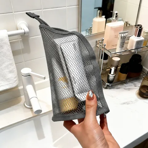Trousse de Toilette en Maille Portable Grande Capacité Imperméable Voyage Organisateur de Maquillage Pochette de Rangement Cosmétique Debout Pour Femmes