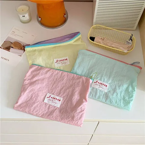 Portable Cosmetic Bag Cotton Linen Makeup Pouch Minimalist Color Block Zipper Toiletry Storage Bag for Travel Women