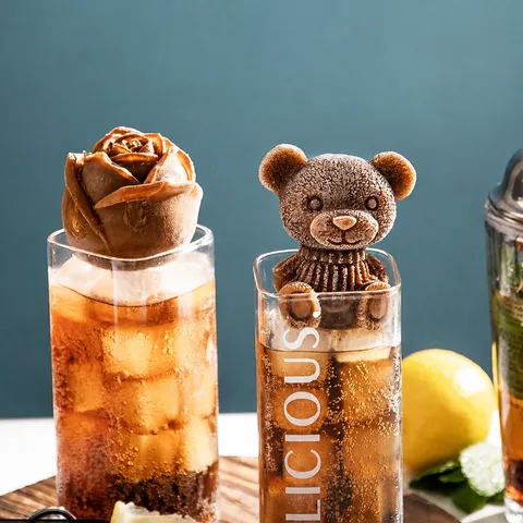 Stampo per Ghiaccio in Silicone 3D Simpatico Orso e Rosa Macchina per Sfere di Ghiaccio Flessibile Riutilizzabile per Whisky Caffè Cocktail