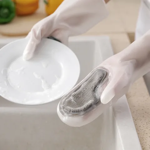 Guanti da Pulizia Impermeabili Con Spazzola Integrata Guanti in Silicone per Piatti Guanti Magici per Cucina Pulizia Domestica Donna