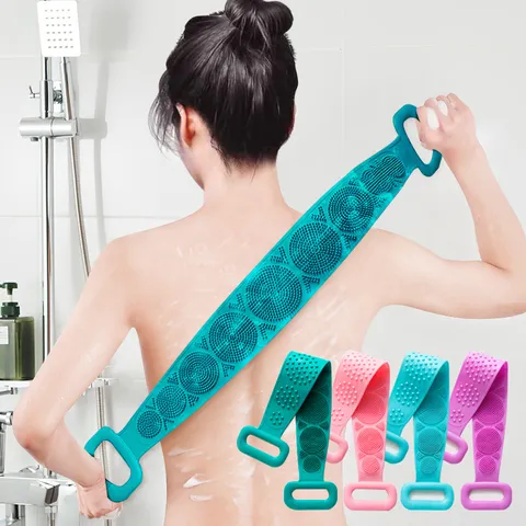Silicone Body Scrubber Long Bath Brush Double Sided Exfoliating Back Scrubber With Massage Particles For Shower