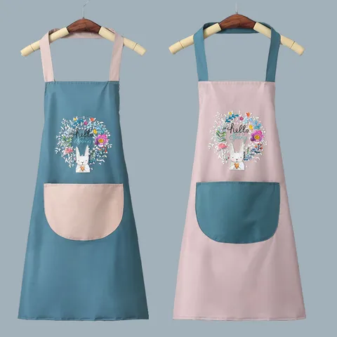 Waterproof PVC Kitchen Apron With Wiping Hand Towels Cute Cartoon Rabbit Wreath Print Cooking Bib For Women Men Home Cooking