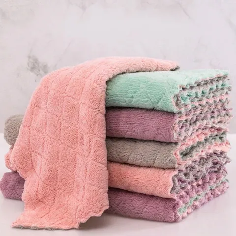 Double-Sided Thickened Coral Fleece Kitchen Cleaning Cloth High Absorbent Non-Stick Oil Dish Towel Lint-Free Washing Rag For Home