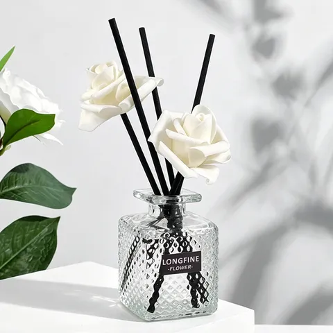 Juego de Difusor de Aroma para el Hogar Botella de Vidrio Transparente Con Flor de Rosa Artificial Para Dormitorio Sala