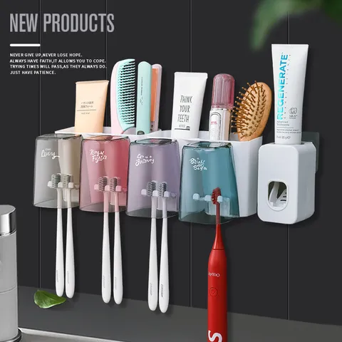 Wall Mounted Toothbrush Holder Punch Free Toothbrush Cups Automatic Toothpaste Squeezer Bathroom Storage Organizer