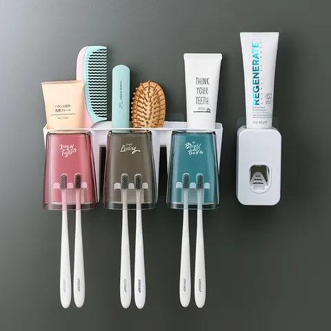 Wall Mounted Toothbrush Holder Punch Free Toothbrush Cups Automatic Toothpaste Squeezer Bathroom Storage Organizer