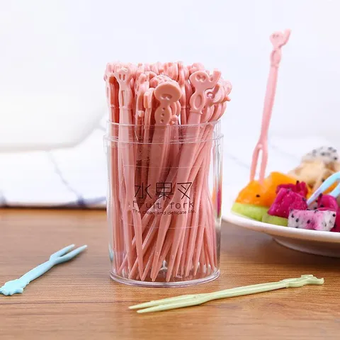 Plastic Fruit Forks Set Disposable Two Prong Fruit Picks Cute Animal Dessert Cake Forks With Storage Box