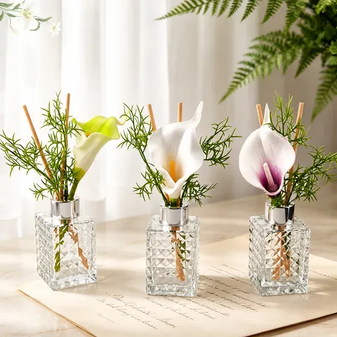 Diffuseur d'Arôme Ensemble Bouteille en Verre Fleur de Calla Artificielle Bâtonnets pour Maison Salon Chambre Désodorisant