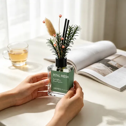 Glasflasche Reed Diffusor Set Heim Aromatherapie Duft Mit Grünpflanzen-Dekoration Für Schlafzimmer Wohnzimmer