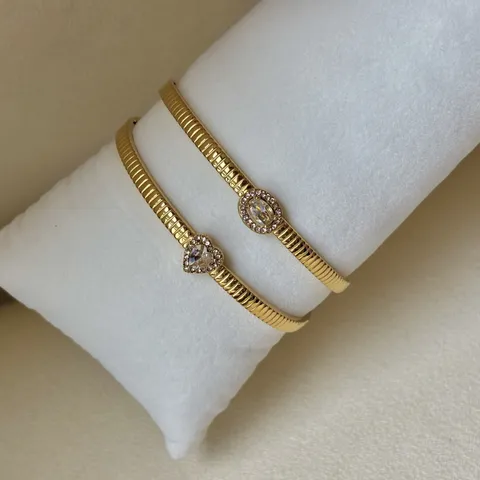 18K Vergoldet Edelstahl Zirkonia Armreif Für Damen Herz Oval Schleife Geometrisch Gewinde Scharnier Verschluss Armband Schmuck