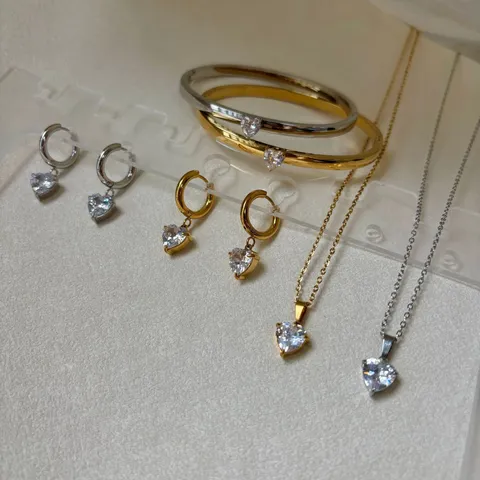 Edelstahl Herz Zirkonia Anhänger Halskette Ohrringe Armreif Für Damen Gold Silber Schmuck