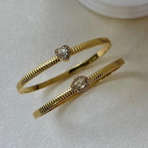 18K Vergoldet Edelstahl Zirkonia Armreif Für Damen Herz Oval Schleife Geometrisch Gewinde Scharnier Verschluss Armband Schmuck