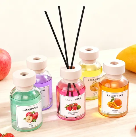 Indoor Reed Diffuser Set Glass Bottle With Colored Liquid And Rattan Sticks Fruit Scented Air Freshener For Home Bathroom