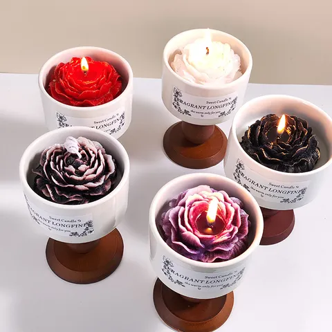 Candela Profumata alla Camelia Vintage Tazza di Ceramica Con Base in Legno Candela per Aromaterapia a Lunga Durata Regalo per la Decorazione della Casa